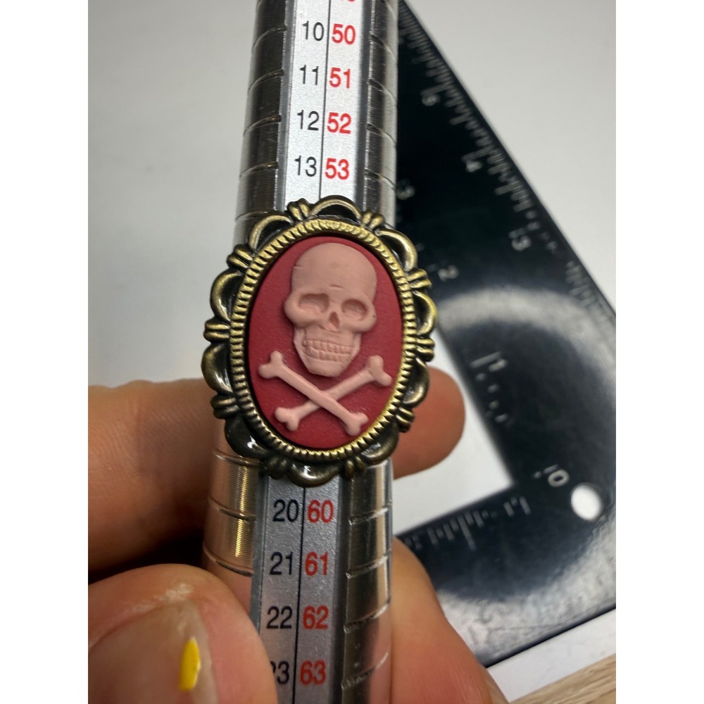 Gothic Skull Crossbones Cameo Ring Red Pink Antique Brass Adjustable Band